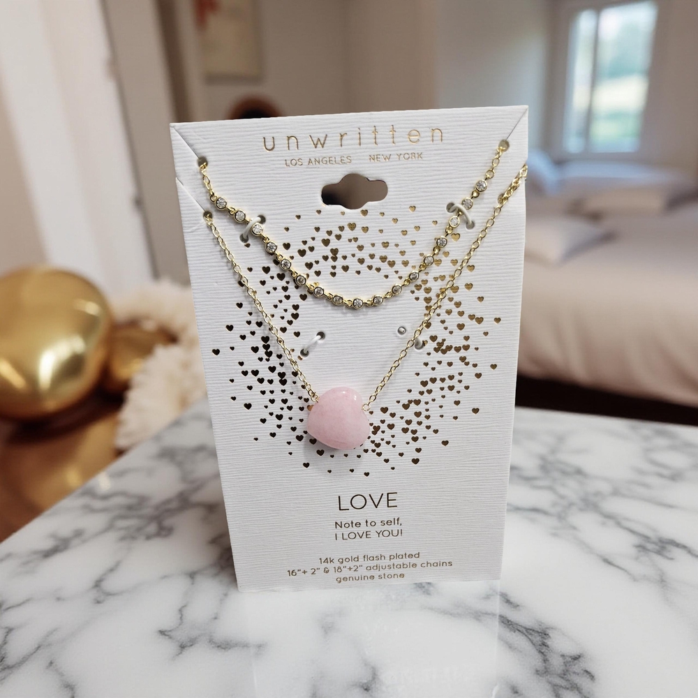 New Unwritten Gold tone and Pink Heatt Necklace